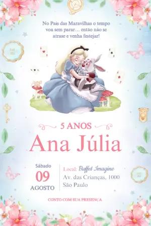 Convite Aniversário Alice no País das Maravilhas Aquarela Editável