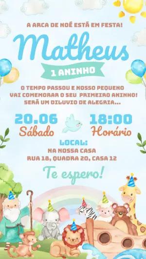 Convite de Aniversário Arca de Noé Fofo para Editar
