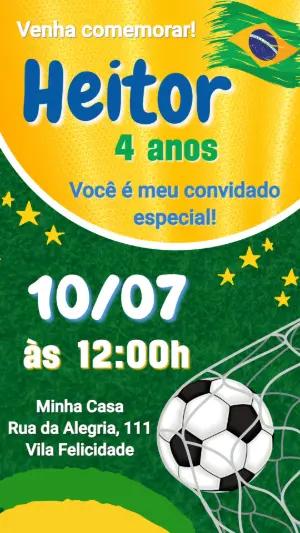 Convite de Aniversário Futebol Brasil Verde e Amarelo Editável