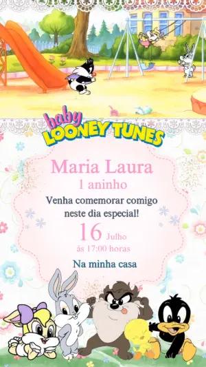 Convite Animado Aniversário Baby Looney Tunes para Editar