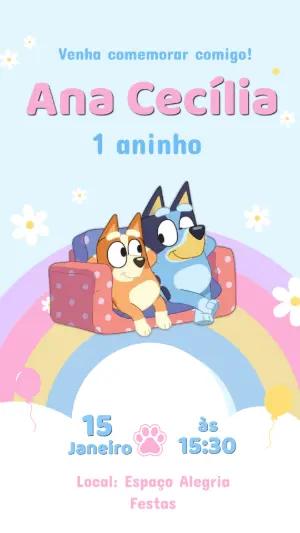 Convite de Aniversário Infantil Bluey e Bingo Modelo Editável