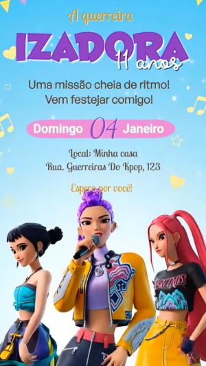 Convite Animado Aniversário Guerreiras do K-pop Musical para Editar