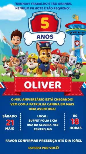 Convite de Aniversário Patrulha Canina Editável para Menino