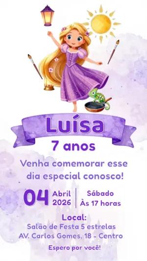 Convite de Aniversário Rapunzel Aquarela Lilás para Editar