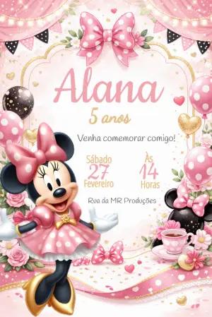 Convite de Aniversário Minnie Rosa e Dourado para Editar