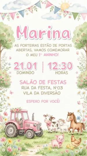 Convite de Aniversário Fazendinha Rosa Aquarela Editável