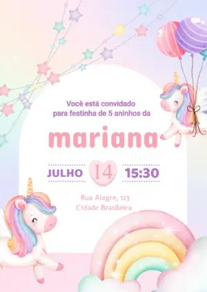 Convite de Aniversário Unicórnio Fofo Modelo Editável