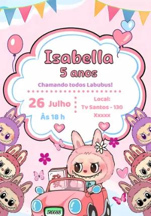 Convite Aniversário Labubu Rosa para Editar Online