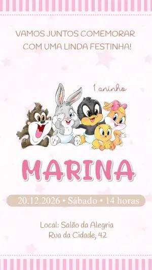 Convite Digital Infantil Baby Looney Tunes Rosa para Editar
