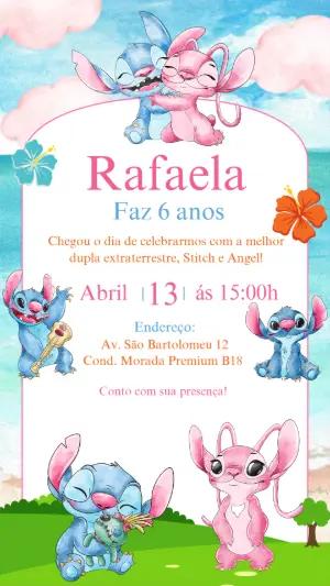 Convite Aniversário Stitch e Angel Aquarela para Editar Online