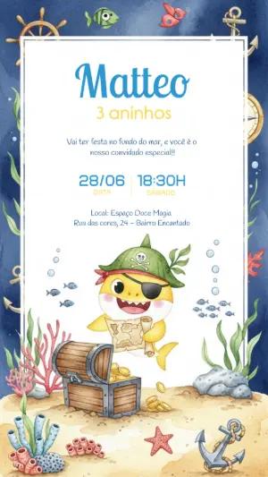 Convite Aniversário Baby Shark Pirata para Editar Online