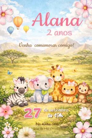 Convite de Aniversário Safari Menina Fofo para Editar