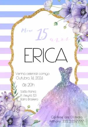 Convite de 15 anos Lilás com Vestido e Glitter para Editar