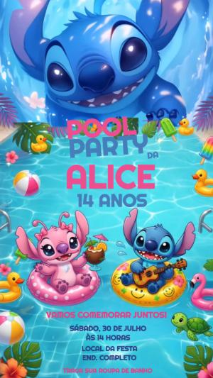Convite Animado de Aniversário Stitch Pool Party Editável