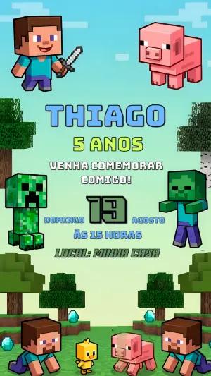 Convite de Aniversário Minecraft Pixelado para Editar