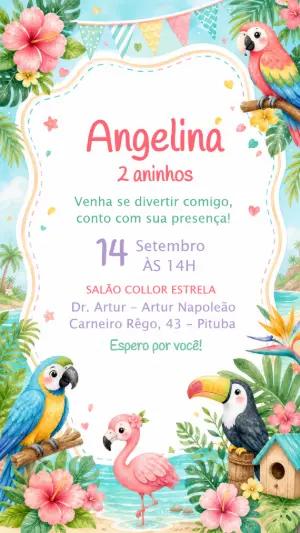 Convite de Aniversário Tropical com Pássaros para Editar