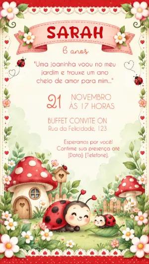 Convite de Aniversário Joaninha no Jardim Editável