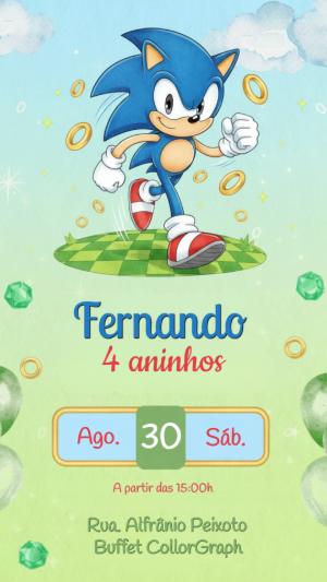 Convite Digital Aniversário Infantil Tema Sonic Editável