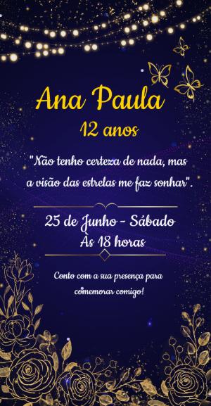 Convite de Aniversário Noite Estrelada Azul e Dourado Editável