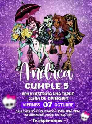 Invitación de Cumpleaños Monster High con Brillo Morado Editable