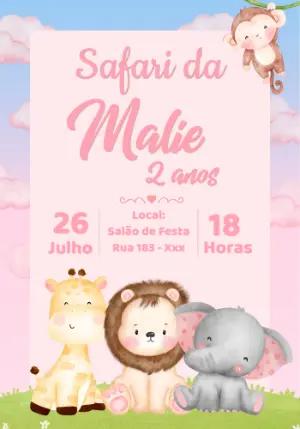 Convite Aniversário Safari Rosa com Animais para Editar Online
