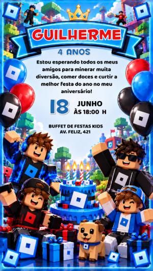 Convite de Aniversário Roblox Editável para Festa Gamer