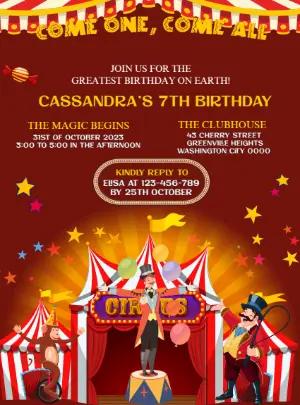 Circus Birthday Invitation with Characters to Edit Online