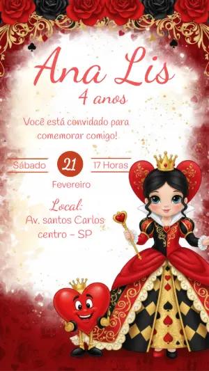 Convite de Aniversário Rainha de Copas Vermelho e Preto Editável