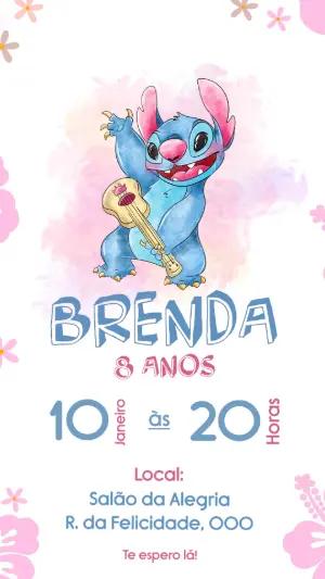 Convite de Aniversário Stitch Aquarela Fofo para Editar