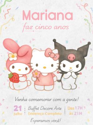 Convite Aniversário Infantil Hello Kitty Aquarela Editável
