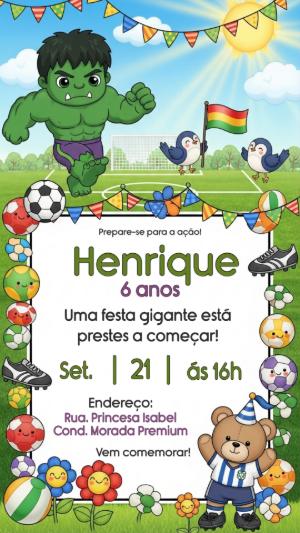 Convite de Aniversário Hulk e Futebol para Editar Online