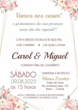 Convite de Casamento Floral e Geométrico para Editar Online