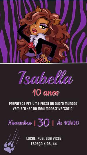 Convite de Aniversário Monster High Roxo e Preto para Editar