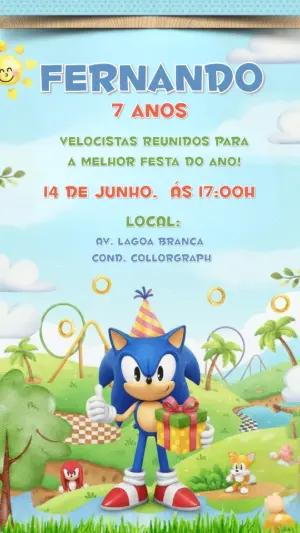 Convite de Aniversário Sonic The Hedgehog Editável para Festa Infantil