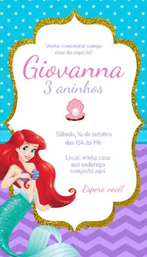 Convite de Aniversário Ariel Pequena Sereia Editável