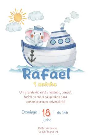 Convite Aniversário Elefante Marinheiro Aquarela Editável