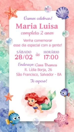 Convite de Aniversário Sereia Ariel em Aquarela Editável