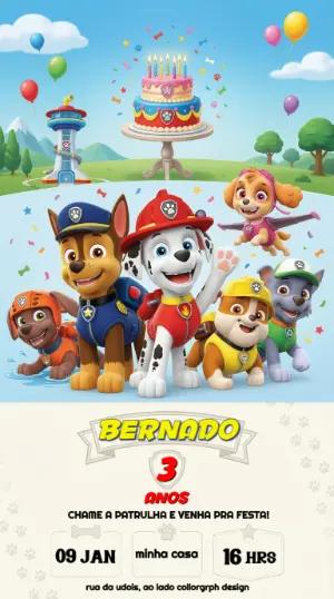 Convite Animado Patrulha Canina: Vídeo de Aniversário Editável