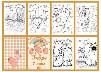 Mini Livro de Colorir Capivara Editável com Convite e Desenhos para Colorir