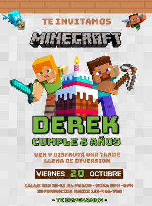 Invitación de Cumpleaños Minecraft Editable con Steve y Alex