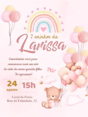 Convite Aniversário Ursinha Baloeira Aquarela para Editar Online