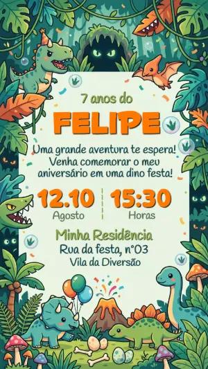 Convite de Aniversário Dinossauro na Selva Modelo Editável