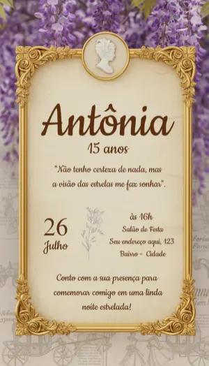 Convite 15 Anos Vintage Lilás e Dourado para Editar