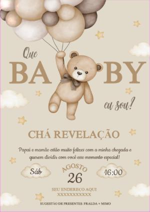 Convite Chá Revelação Ursinho com Balões para Editar Online