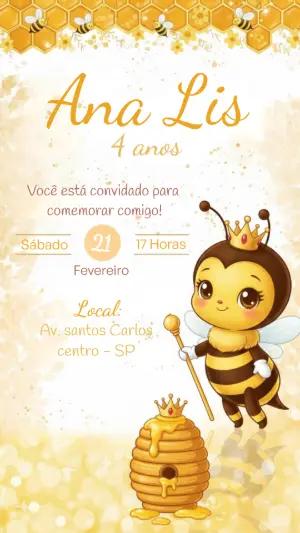 Convite de Aniversário Abelhinha Rainha Dourado para Editar