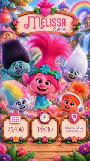 Convite de Aniversário Trolls Editável para Festa Infantil