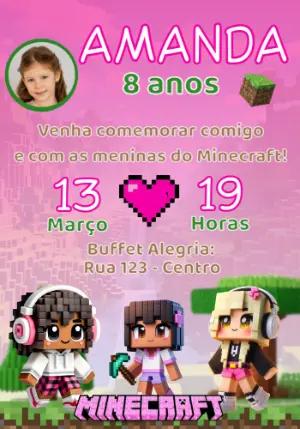 Convite de Aniversário Minecraft Meninas Rosa para Editar