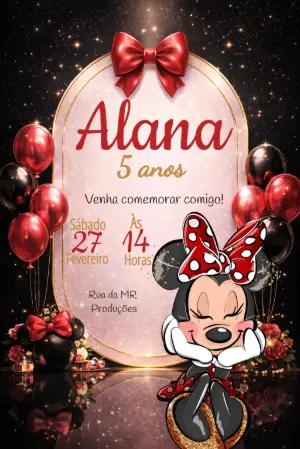 Convite de Aniversário Minnie Luxo Vermelho e Preto Editável