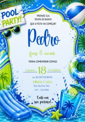 Convite de Aniversário Festa na Piscina 3D para Editar