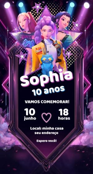 Convite de Aniversário K-pop Guerreiras Roxo Editável
